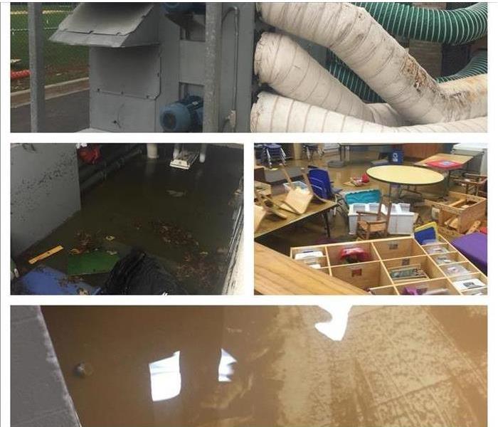 montage of drying equipment and flooded commercial properties