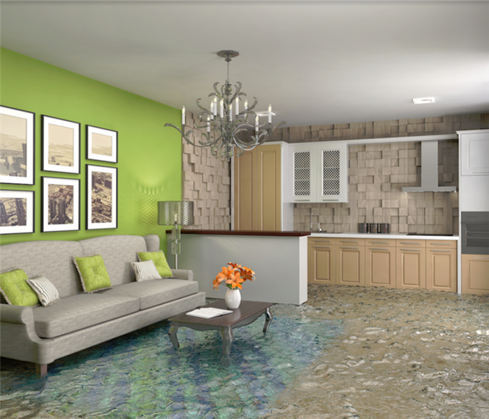 a flooded living room and kitchen with water covering the floor