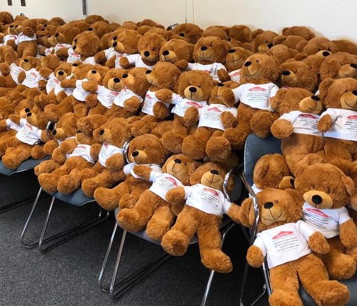 a lot of teddy bears in SERVPRO shirts sitting on chairs