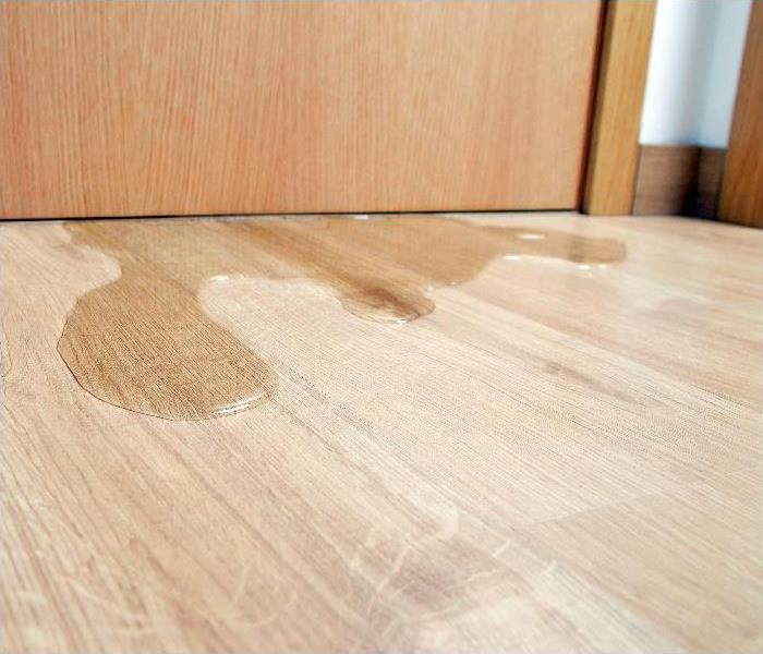 water pooling on a hardwood floor next to a wood cabinet